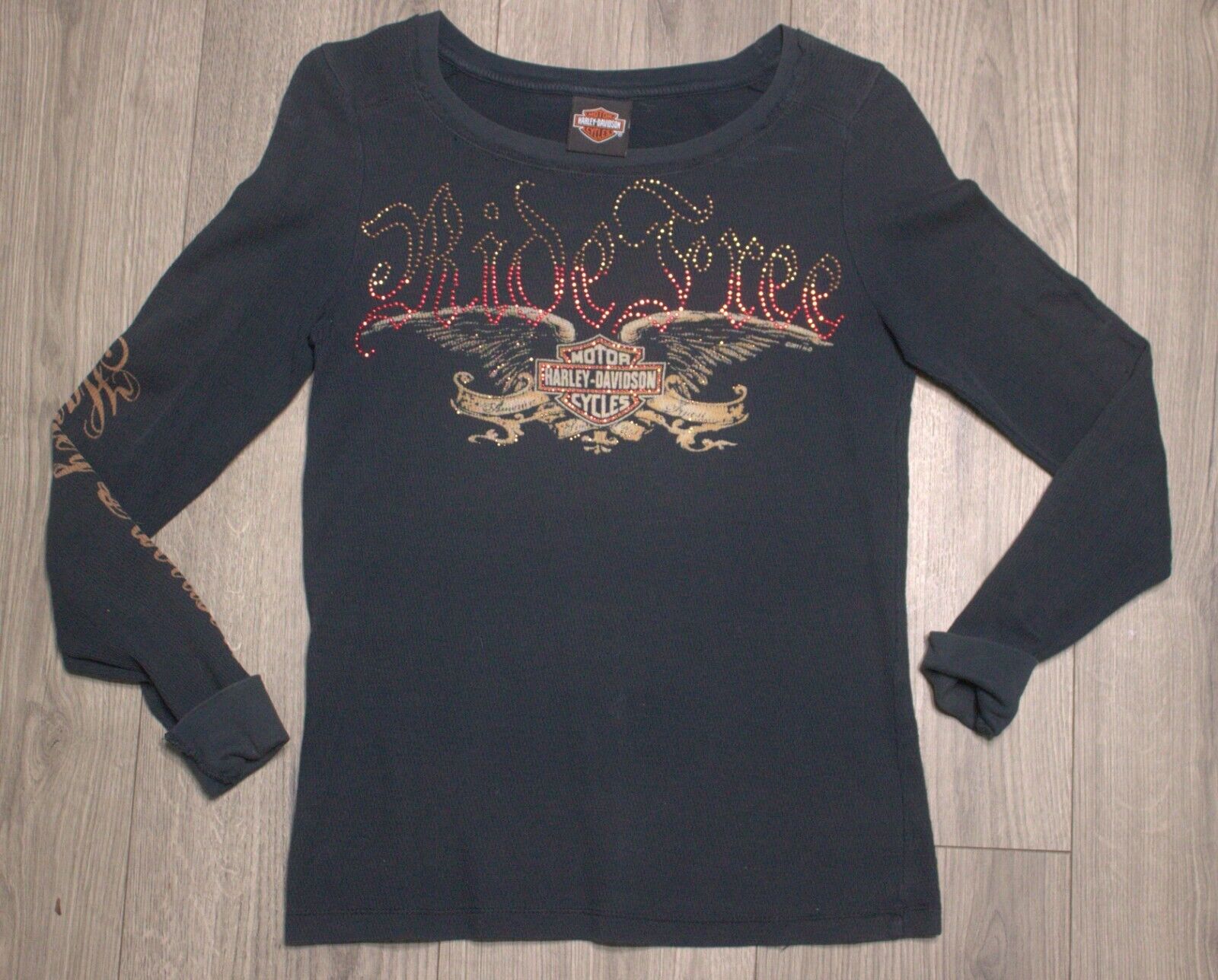 VTG Harley Davidson L/S bedazzled RID W/sleeve HD graphic Woman\'s Adult S