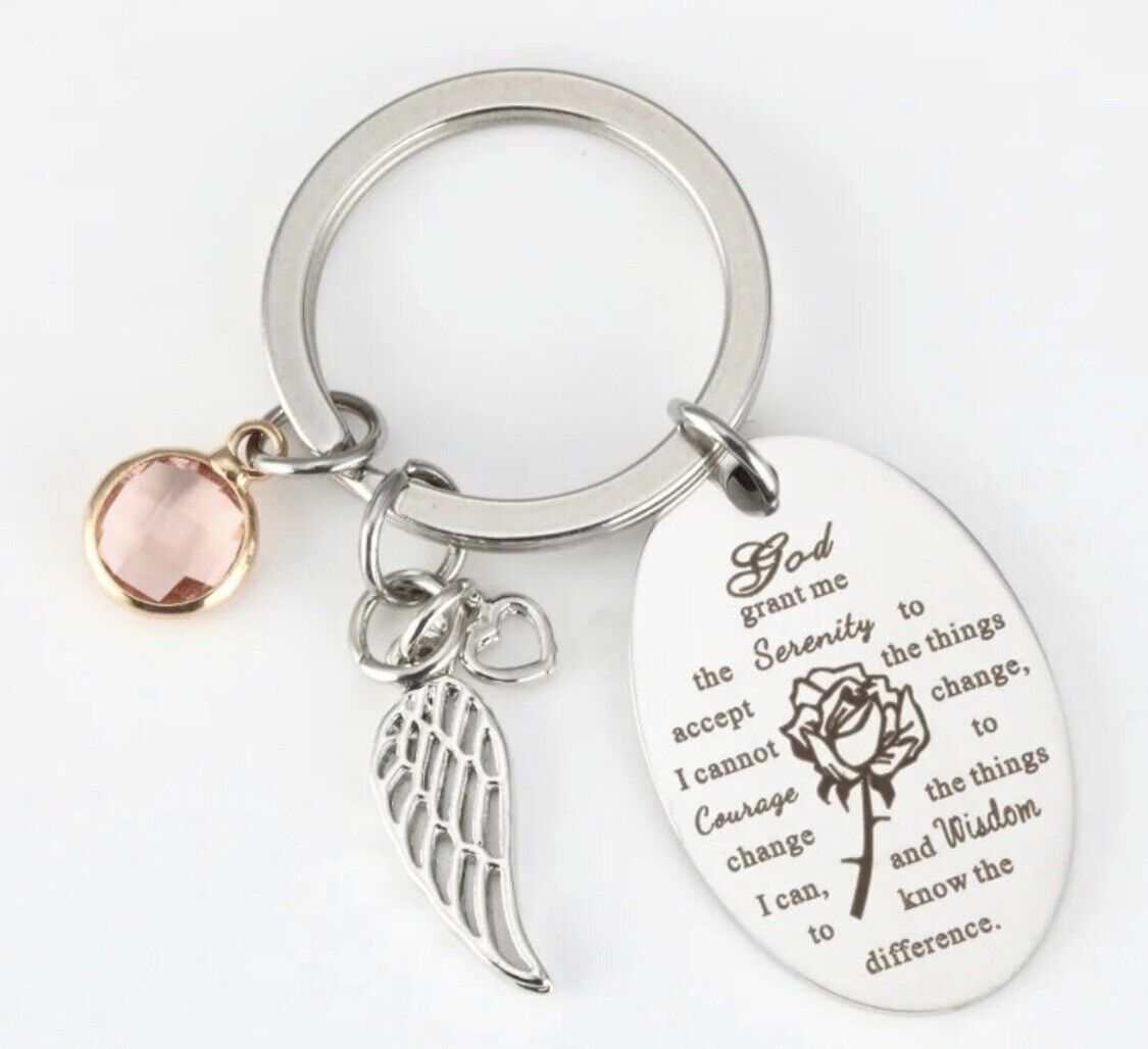New Serenity Prayer Betsy Christian Gift Stainless Steel Angel Wings Keychain
