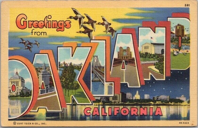 OAKLAND, California Large Letter Postcard Lake Merritt View / Ducks - Linen 1944