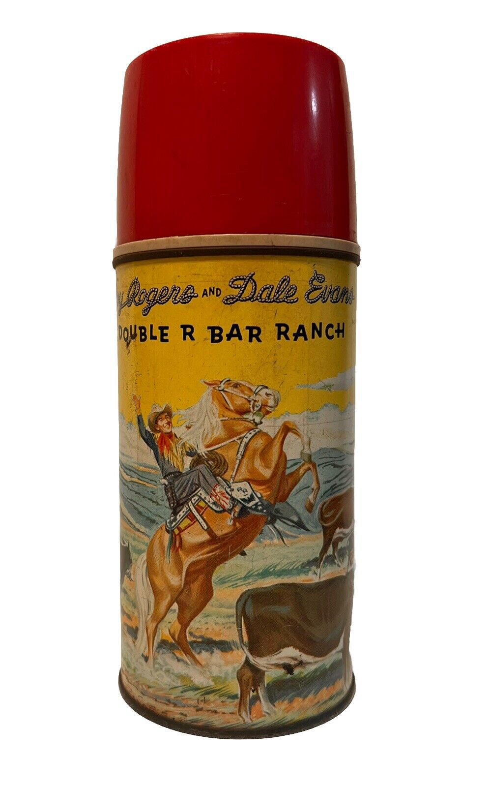 VTG Roy Rogers and Dale Evans Double R Bar Ranch Metal Thermos 1950s Red Cap