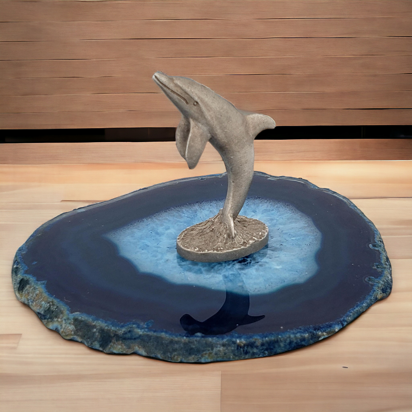 Vtg Pewter Dolphin Figurine On Blue Agate Base Figure