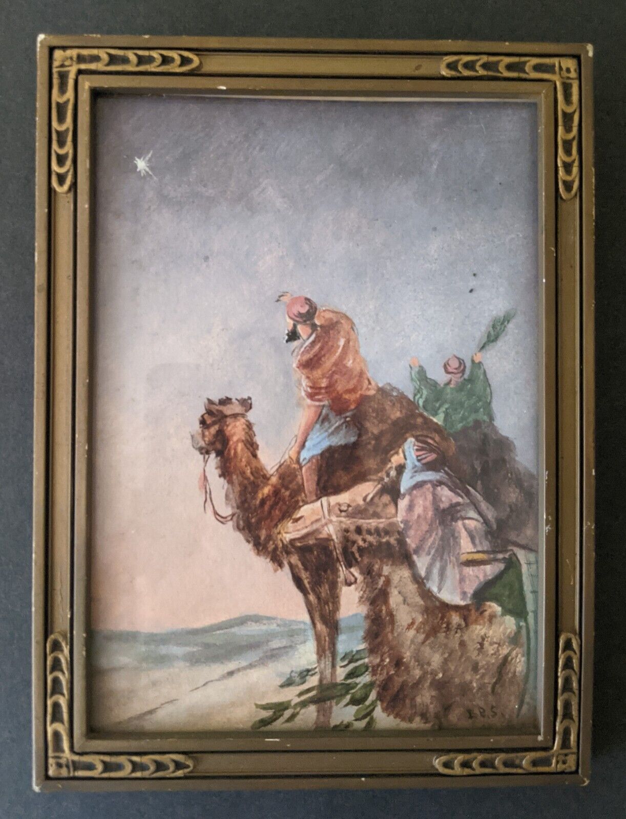 Antique Three Wise Men Star of Bethlehem Watercolor Art Deco Frame Signed