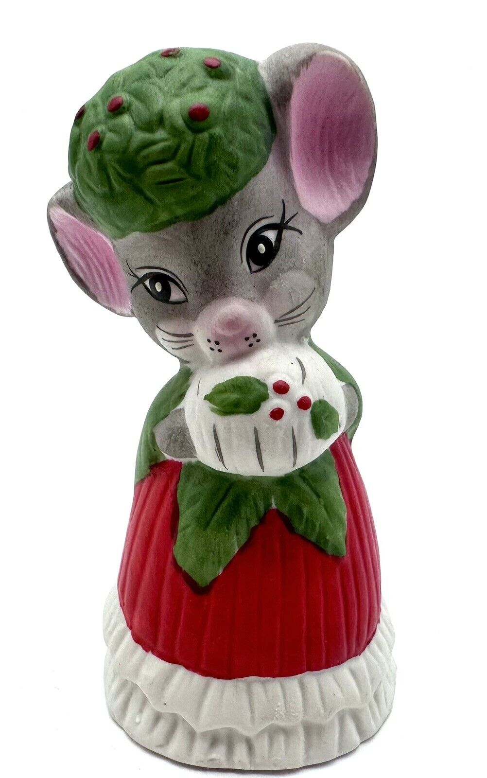 1980 Critter Bells Christmas Mouse White Muff Jasco Bisque Porcelain Vintage