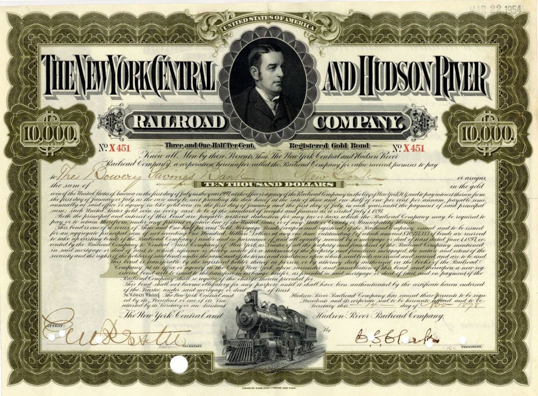 New York Central and Hudson River Railroad Co. - 1898 dated $10,000 Railway Gold
