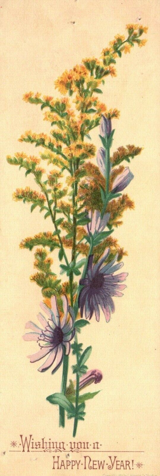 1880s-90s Yellow & Purple Flowers Wishing You A Happy New Year Trade Card