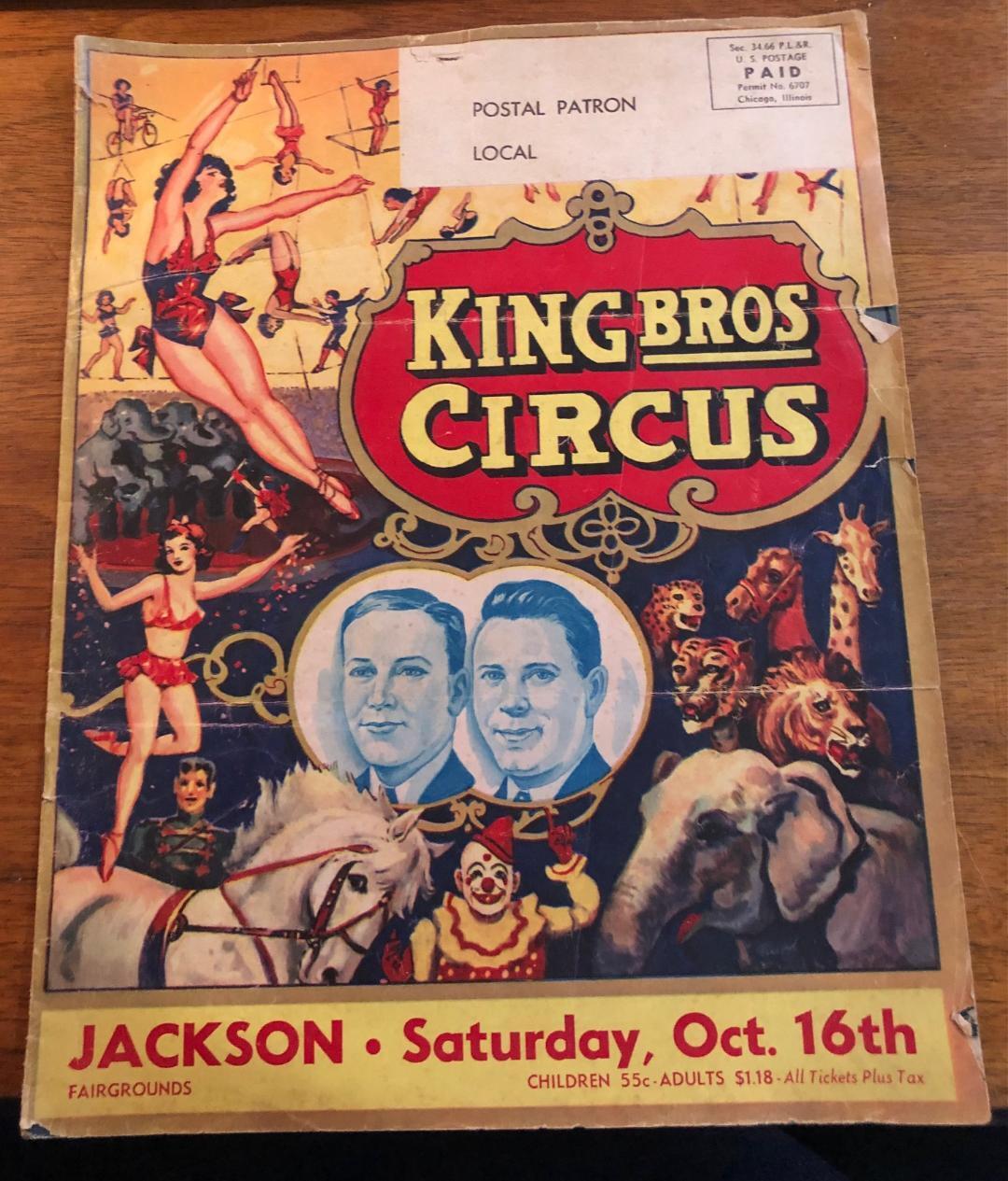 1950's King Bros Circus Event Mailer Program Jackson Saturday. Oct 16th 