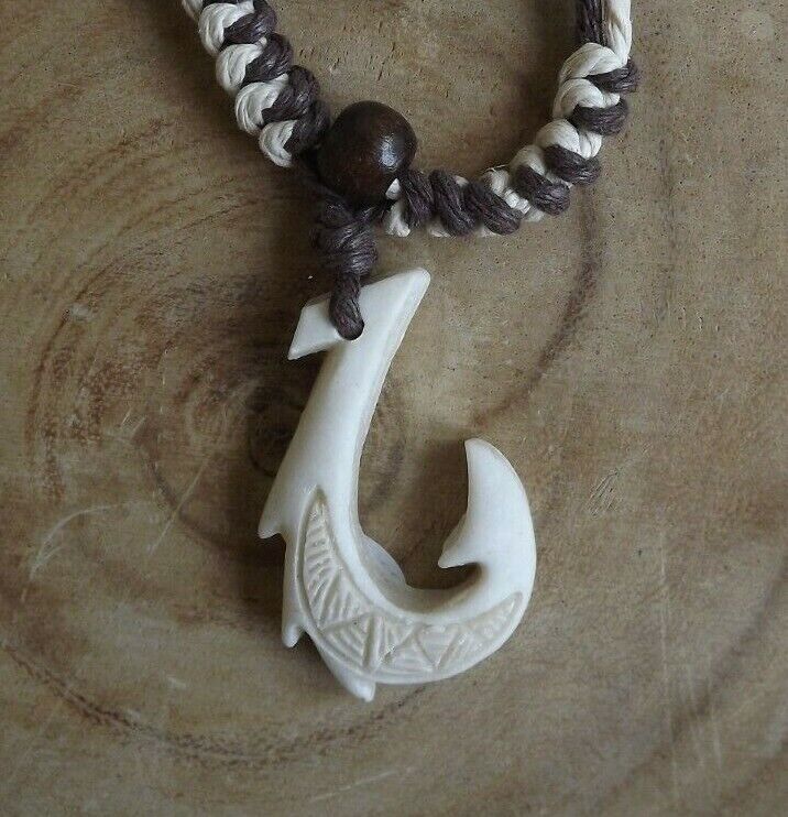 Hawaiian Manu Makau White Bone Fish Hook Necklace W/ Hawaii Koa Wood Bead
