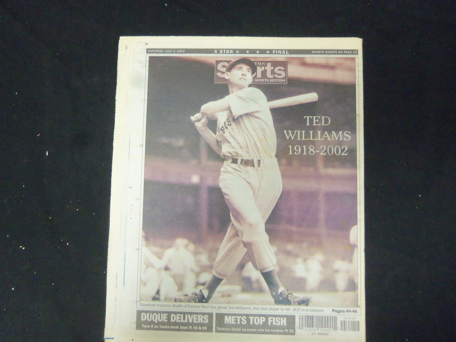 2002 JULY 6 NEW YORK DAILY NEWS - TED WILLIAMS RED SOX GREAT DIED - NP 2156