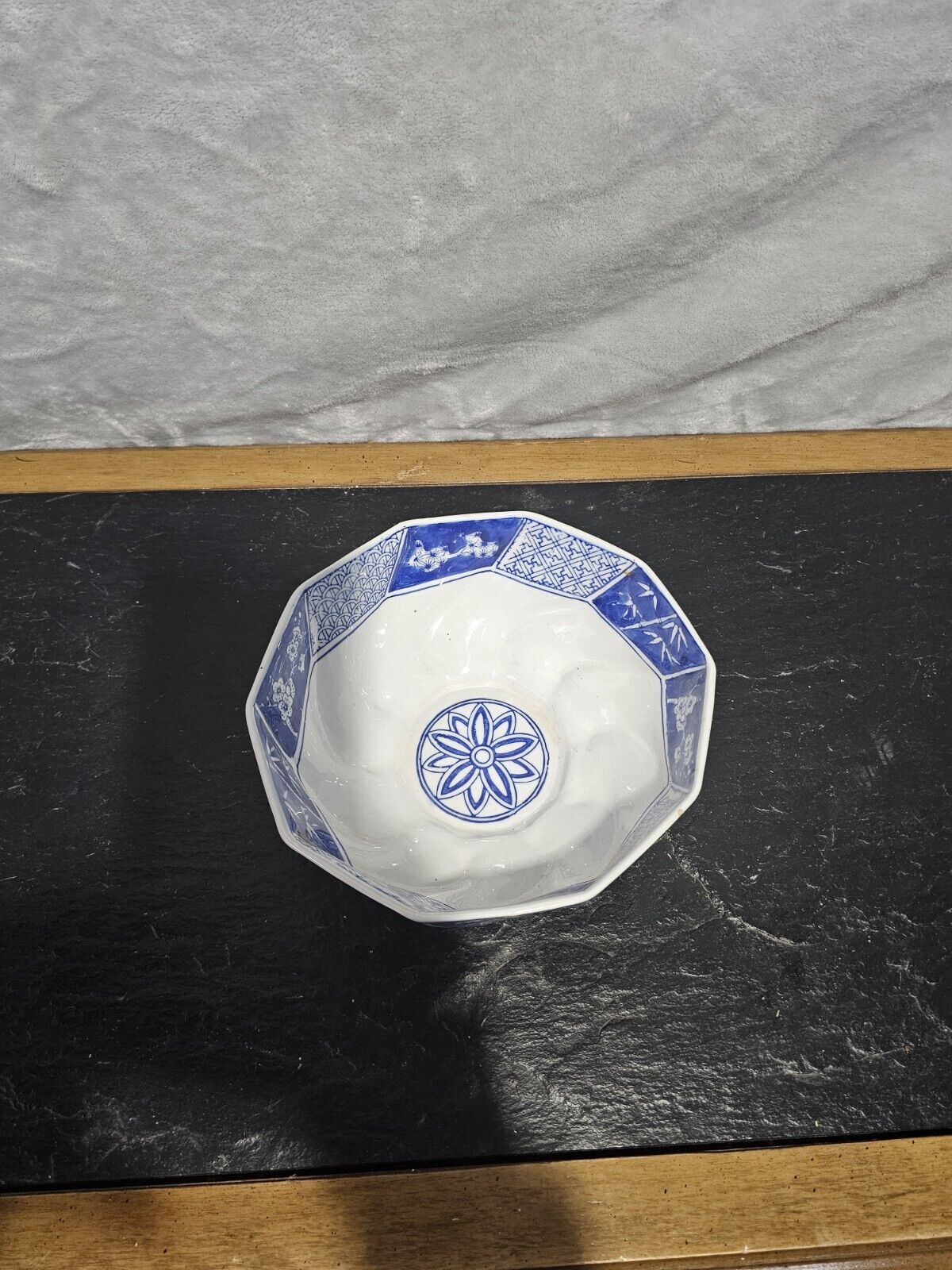 Vintage Japanese Arita Ware Signed Blue & White Porcelain 9” Bowl w/ Landscapes
