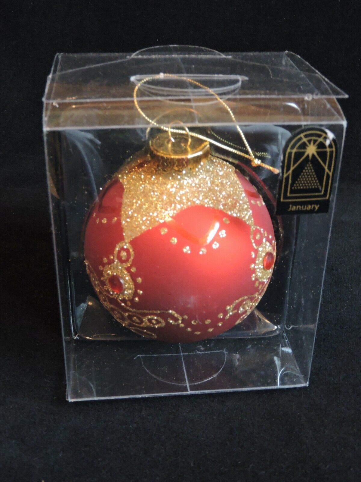GKI Bethlehem Glass Ornament Red Ball w/Gold Glitter Red Stones Original Box