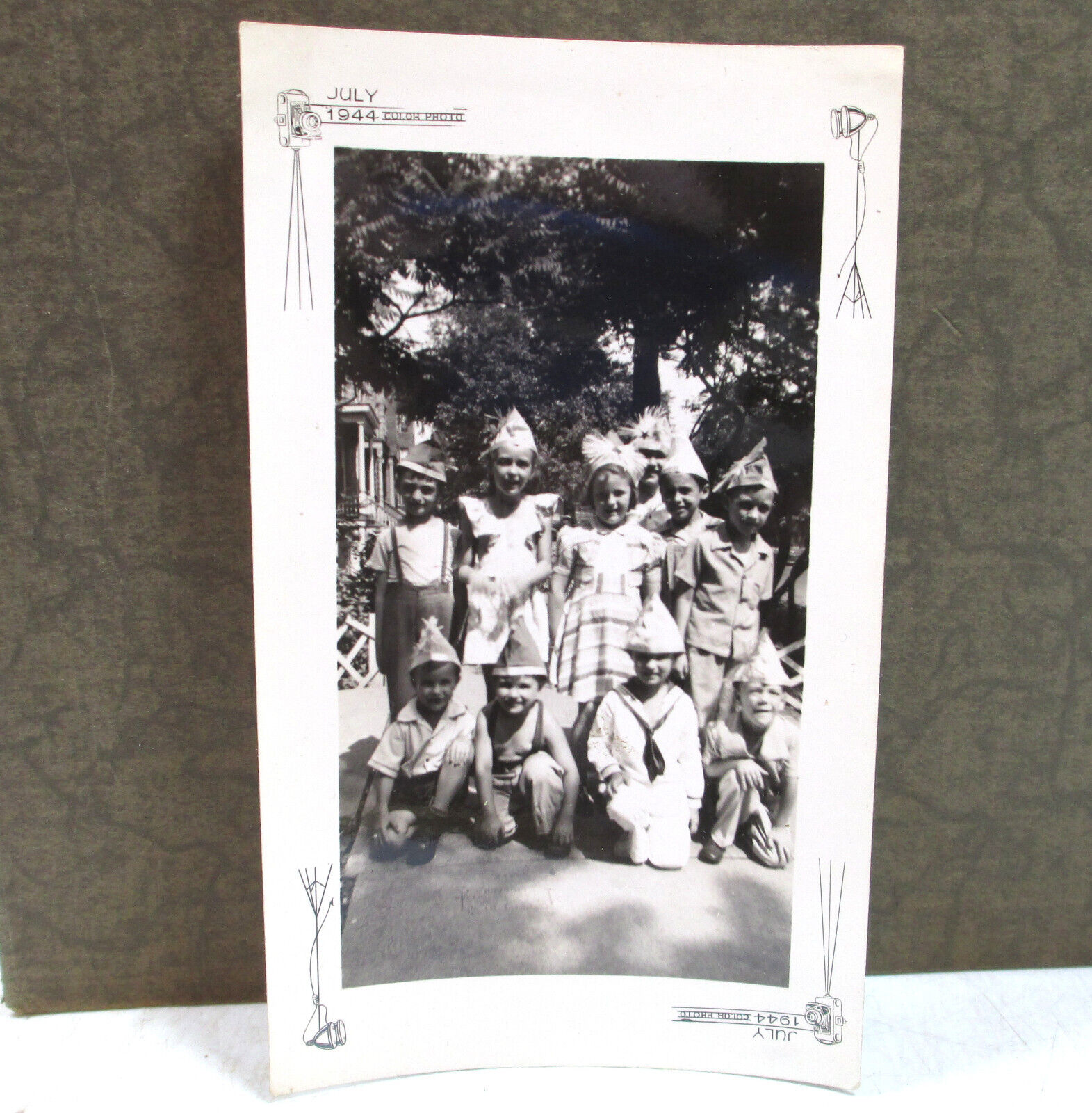 1940s 1944 Photo B&W Children Birthday Party Paper Hats Professional Photograph