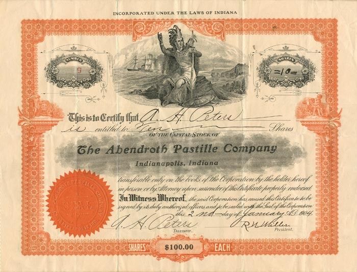 Abendroth Pastille Co. Issued to and Signed by A.H. Peters - Autographed Stocks 