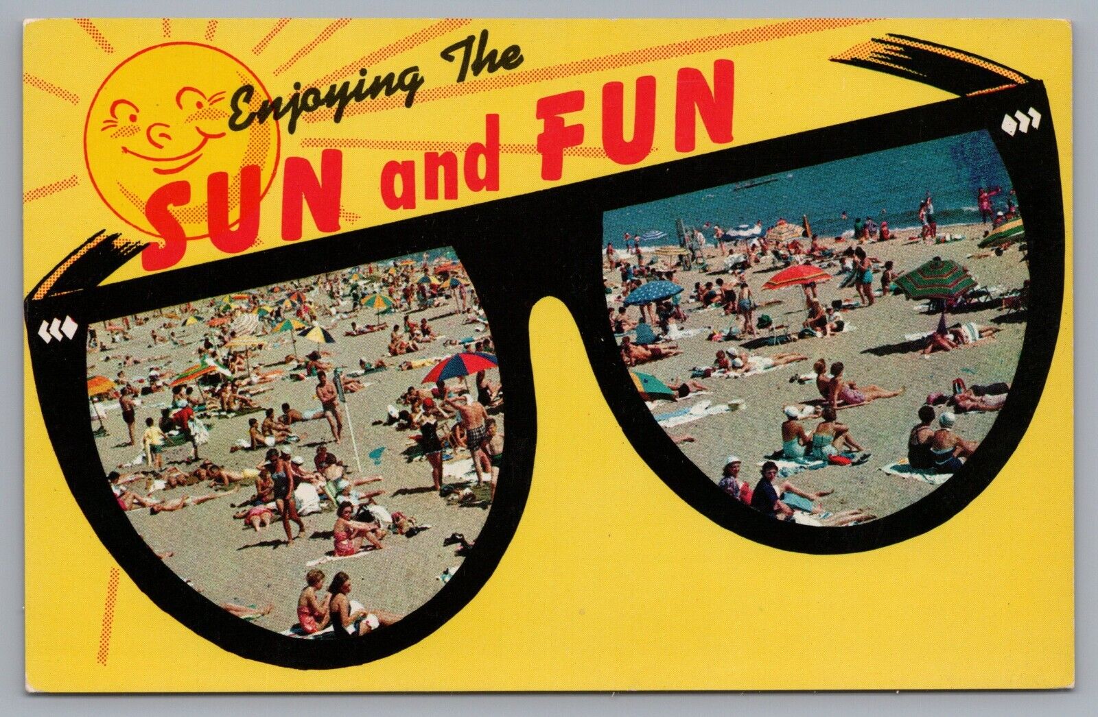 Enjoying The Sun And Fun Beach Scene Reflected In Sunglasses Postcard