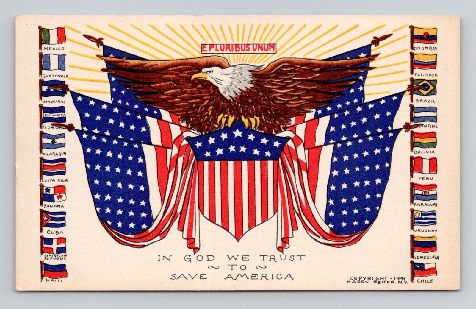 Postcard E Pluribus Unum Eagle & Flag Patriotic, Vintage Chrome K13