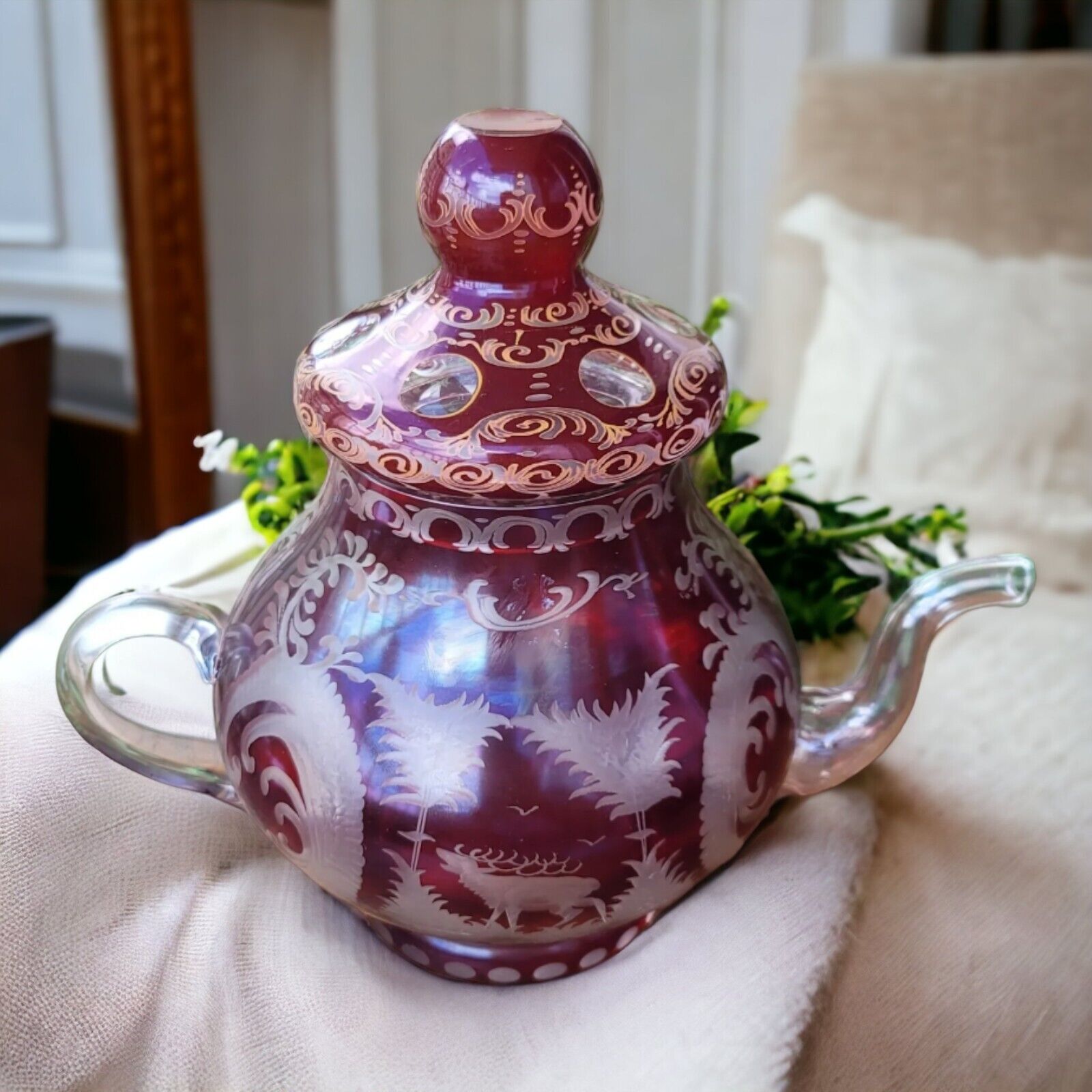 Teapot Czech Bohemian Crystal Glass Ruby Red Cut To Clear 1940\'s Vintage 10x11\