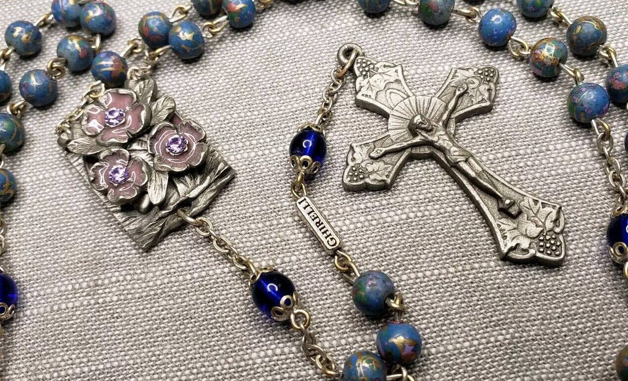 Vintage Rosary Ghirelli Pink Mary Centerpiece Blue Beads Christian A1