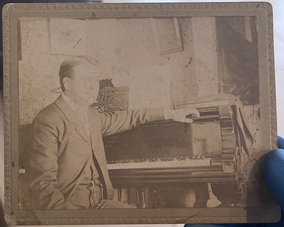 c1900 Antique Photo On Board Dapper Man Playing Piano Music