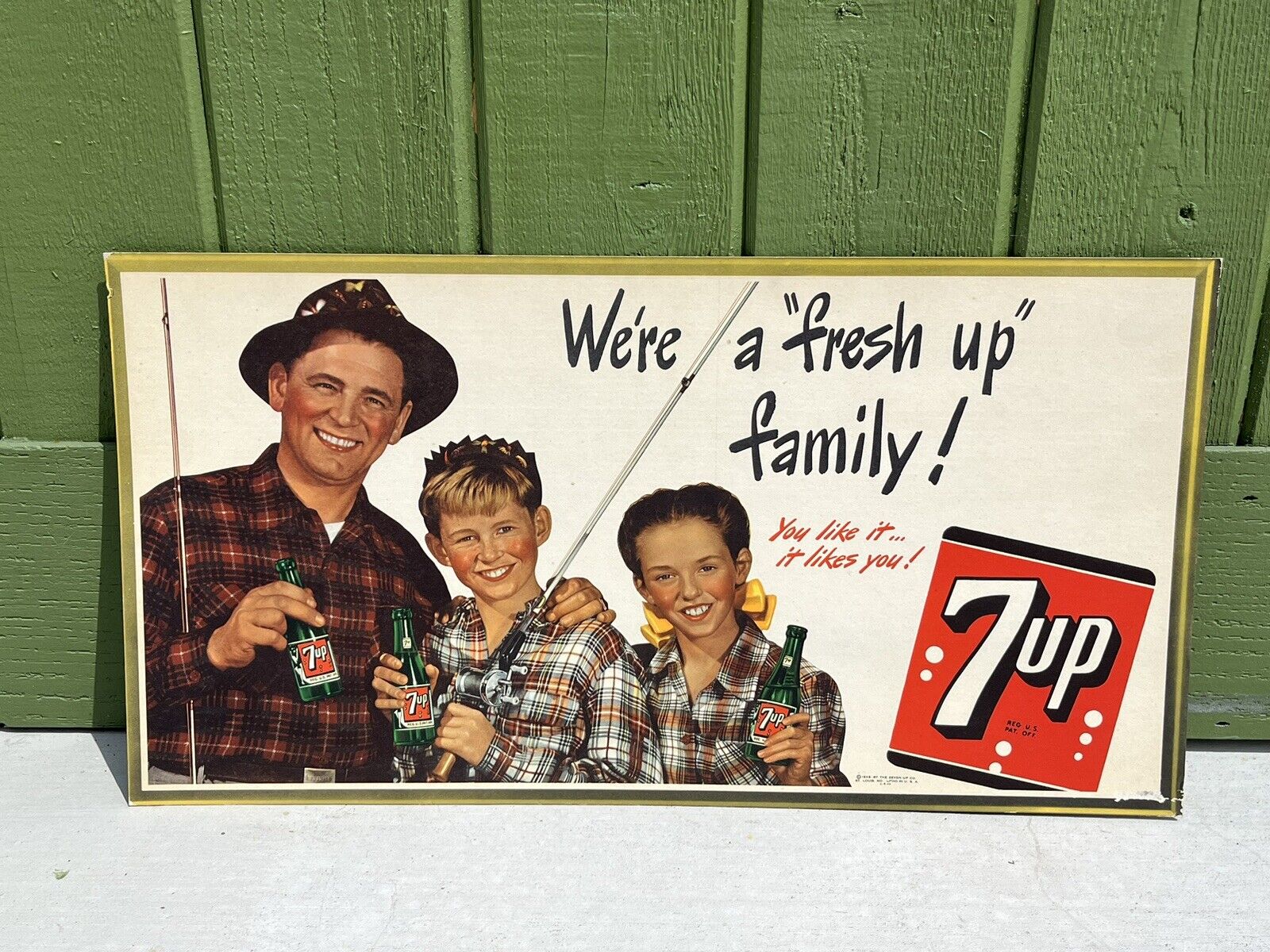 Vtg 1948 7-Up Soda Fishing Family Lithograph Advertising Cardboard Sign Display