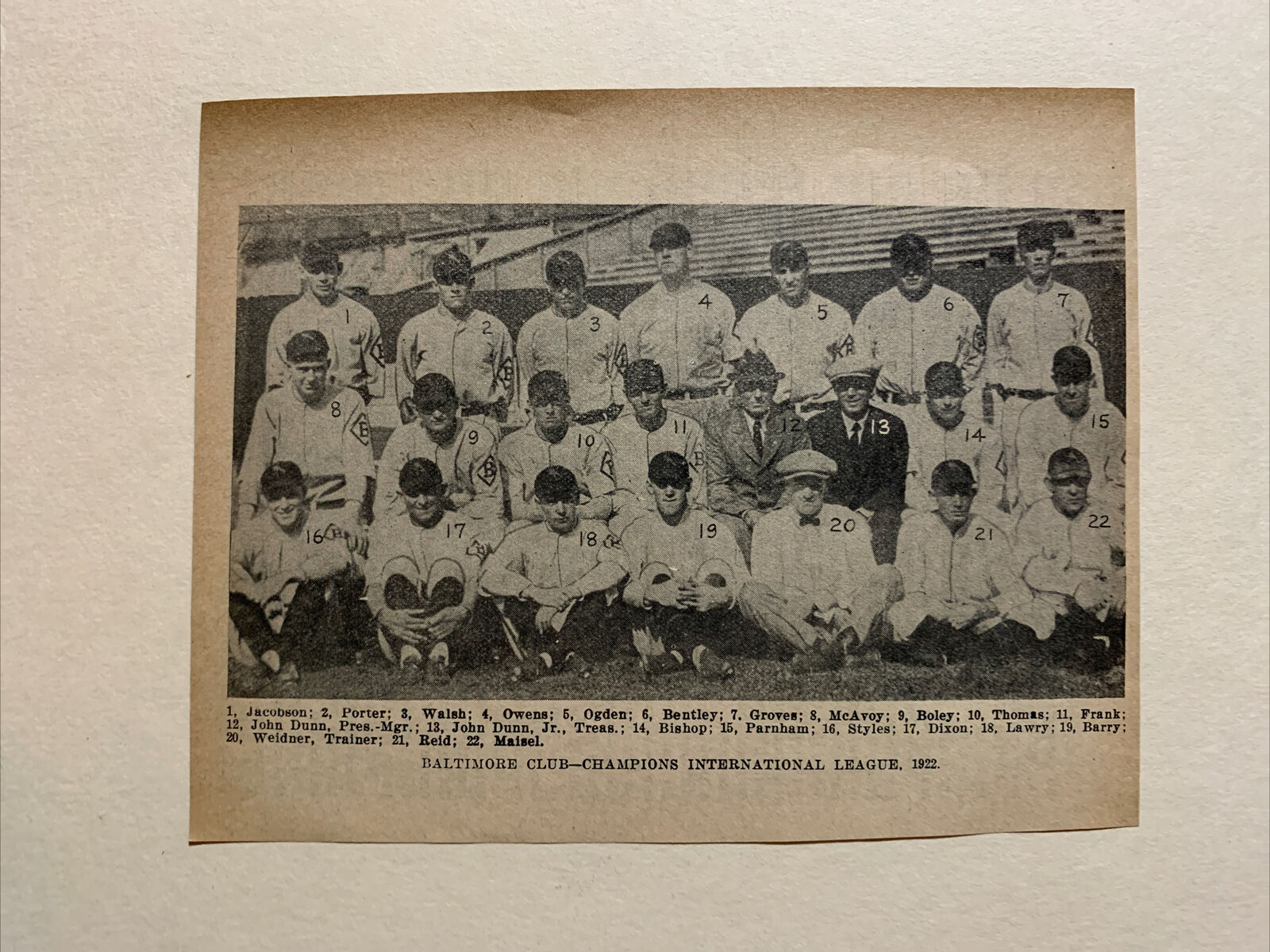 Baltimore Orioles Lefty Grove Max Bishop Bentley 1922 Baseball Team 4X6 Picture