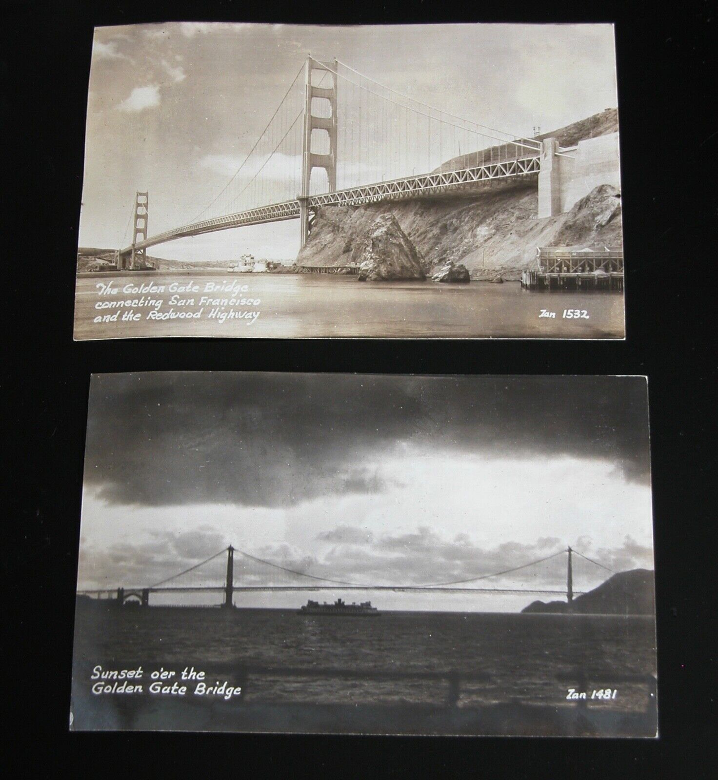 RPPC Sunset over Golden Gate Bridge Vtg 1930s Postcard TWO San Francisco CA