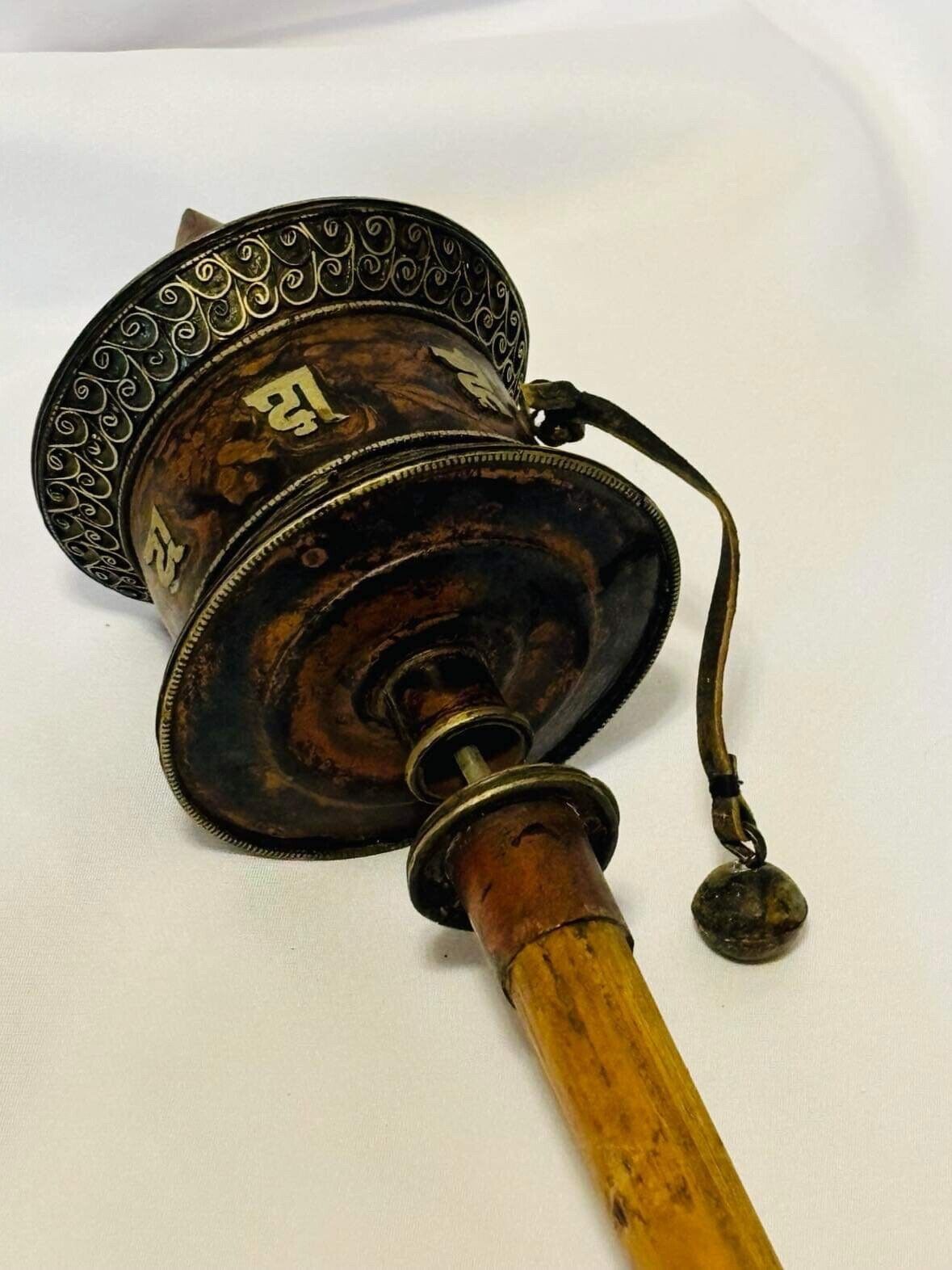 Vintage Handheld Traditional Tibetan Buddhist Prayer Wheel Brass & Bamboo