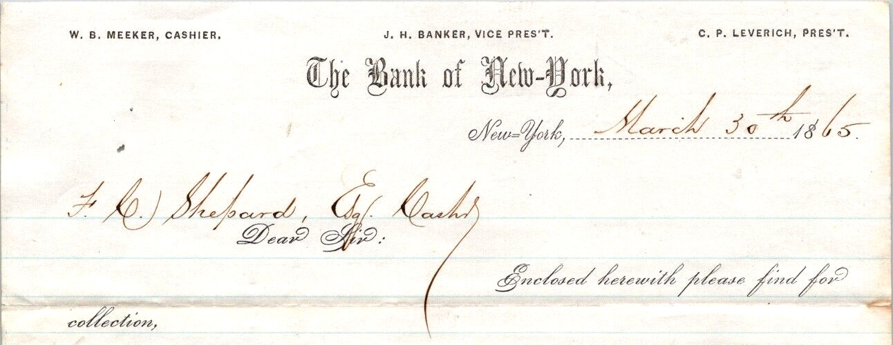 1865 The Bank of New York C.P. Leverich President J.H. Banker VP Billhead BL587