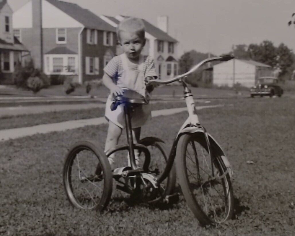 1940\'s Era B&W Photo Young Boy With Large Tricycle Bike