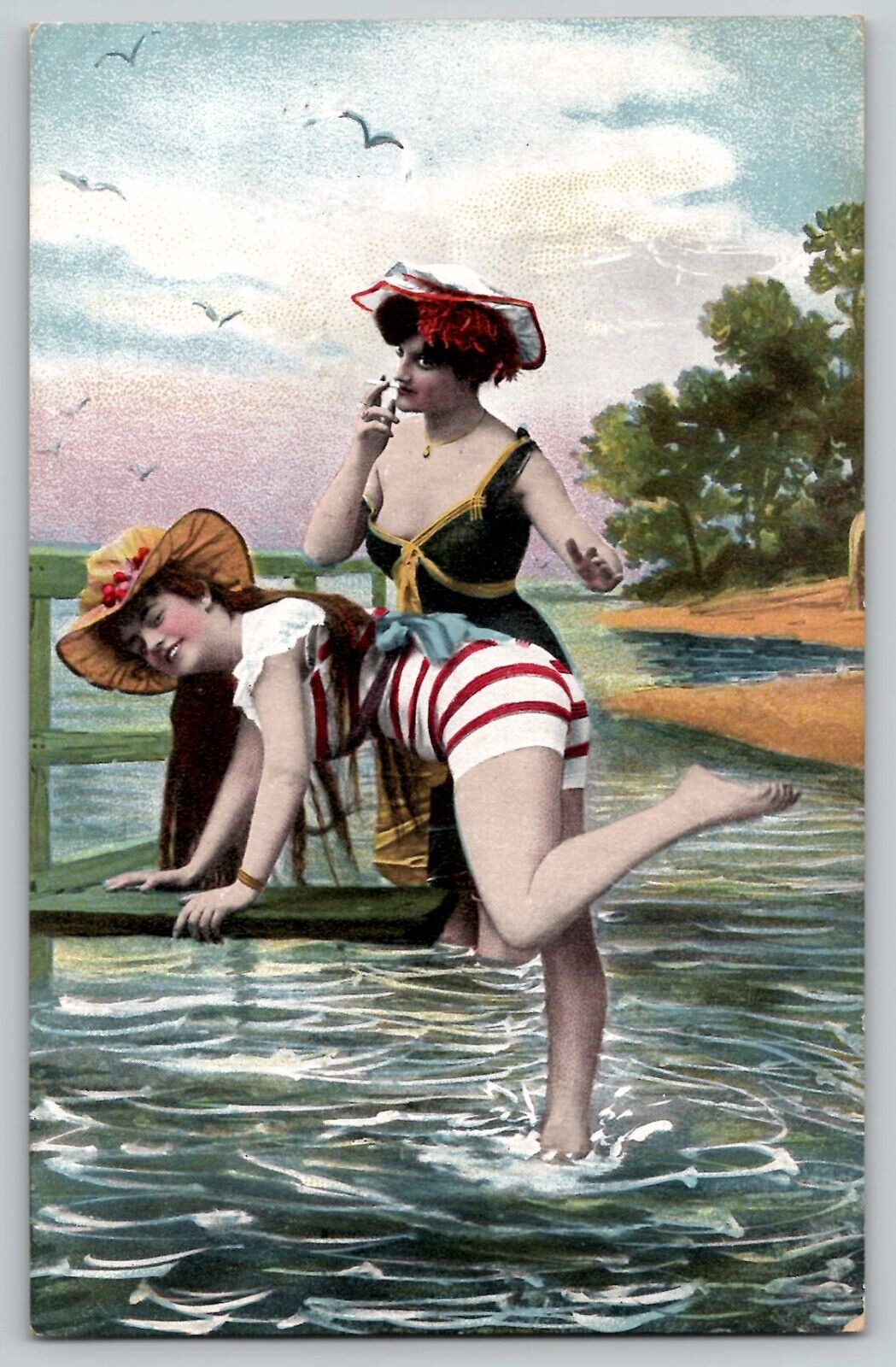 Bathing Beauties Beach Risque Smoking Striped Swimming Suits Vtg 1910s Postcard