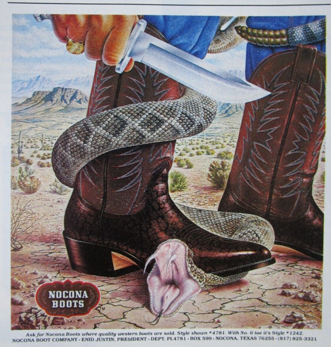 1983 NOCONA Western Cowboy Boots Print Ad ~ Snake Rattlesnake w/ Alex Ebel Art