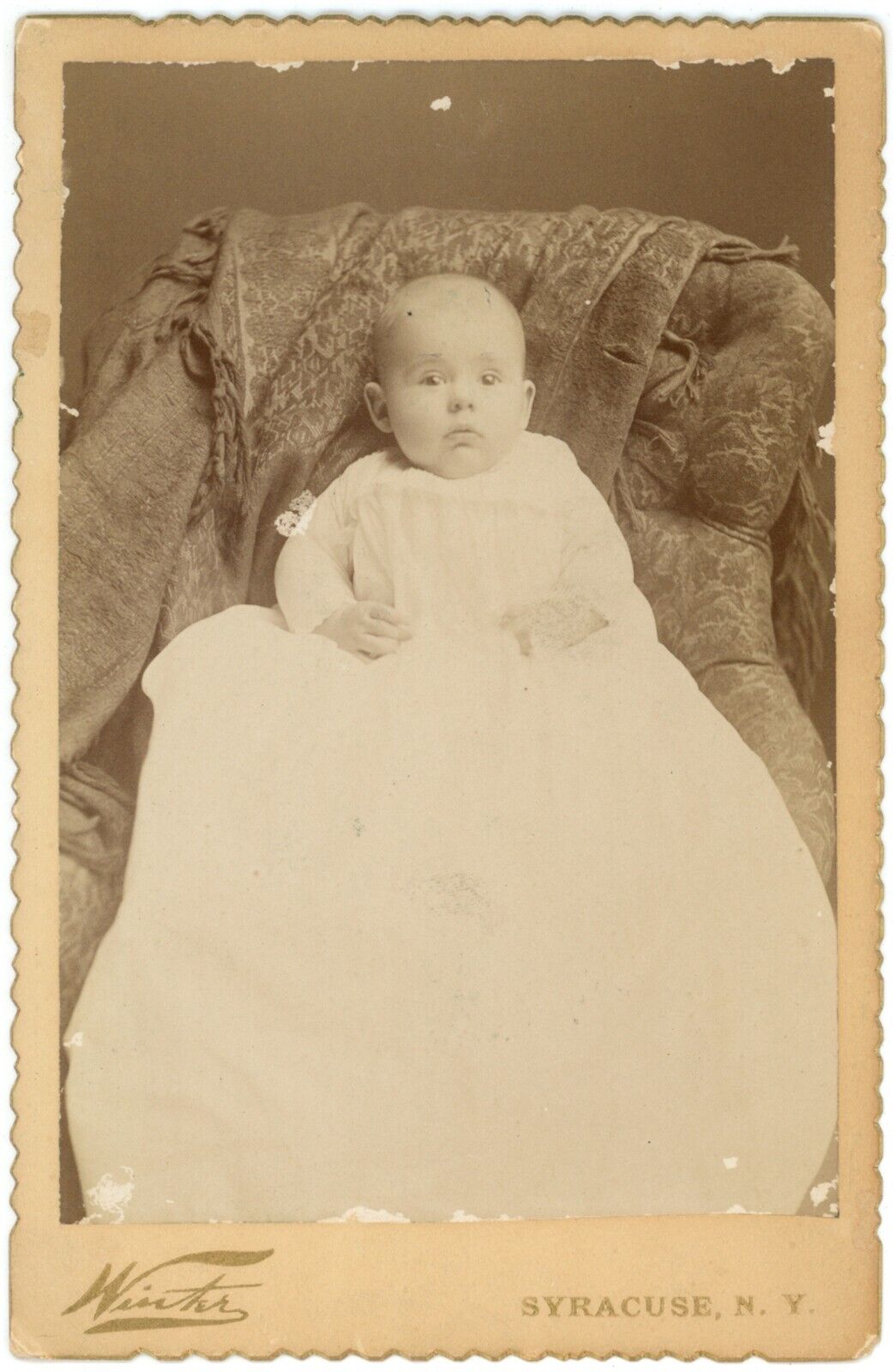 CIRCA 1890\'S Named CABINET CARD Adorable Baby White Dress Winter Syracuse, NY