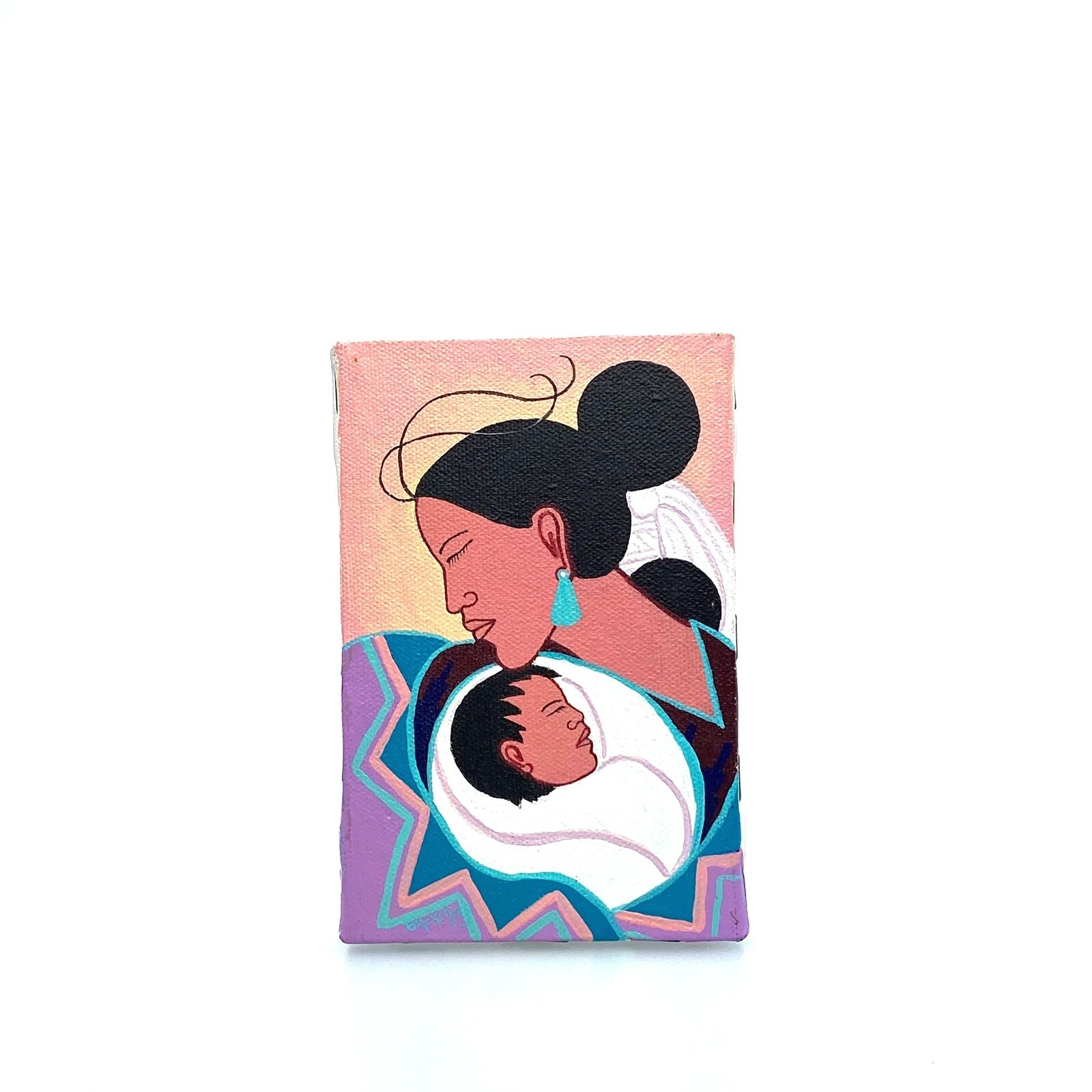 Navajo Hand Painted Mother and Child by Beverly Blacksheep 5.75” x 3.5” Canvas o