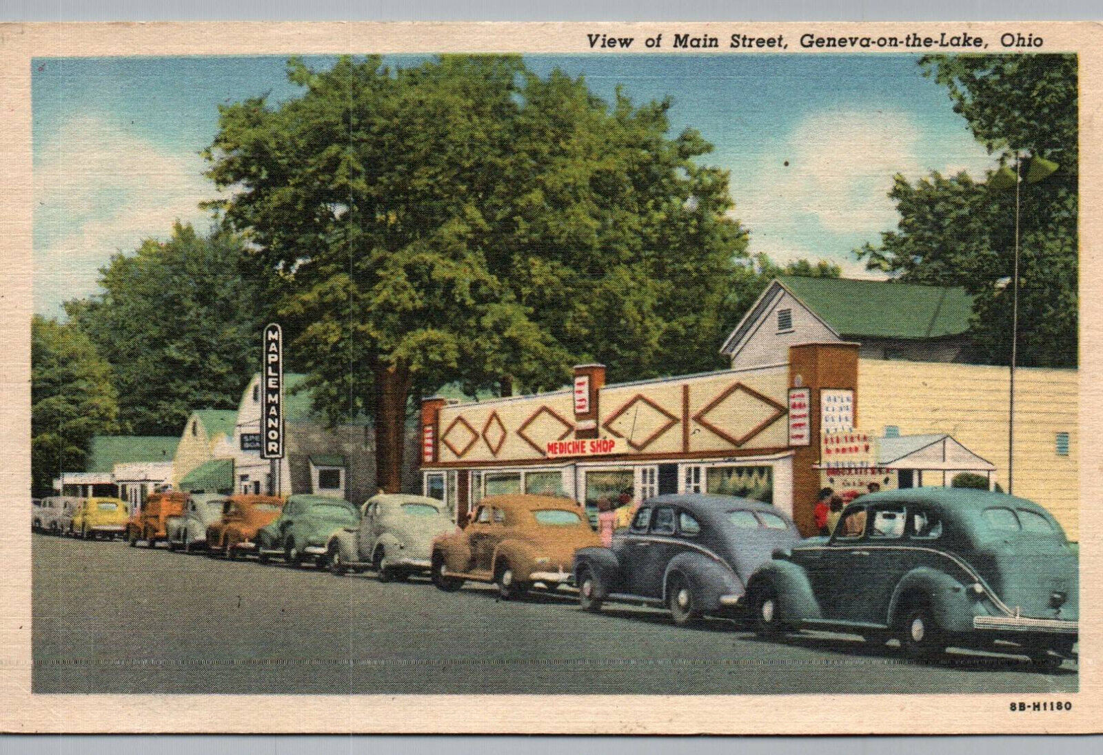 View Of Main Street Geneva On The Lake Ohio OH 1940s Postcard Maple Manor Hotel