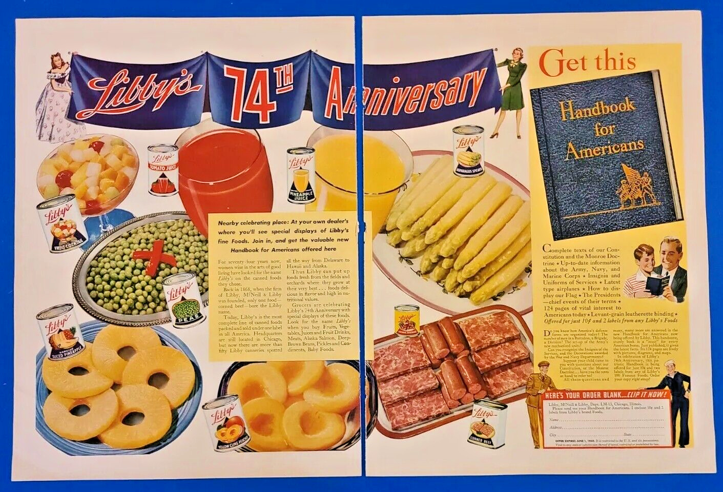 1942 Libby\'s Canned Foods 2-Page Vtg 1940\'s Print Ad Libby\'s 74th Anniversary