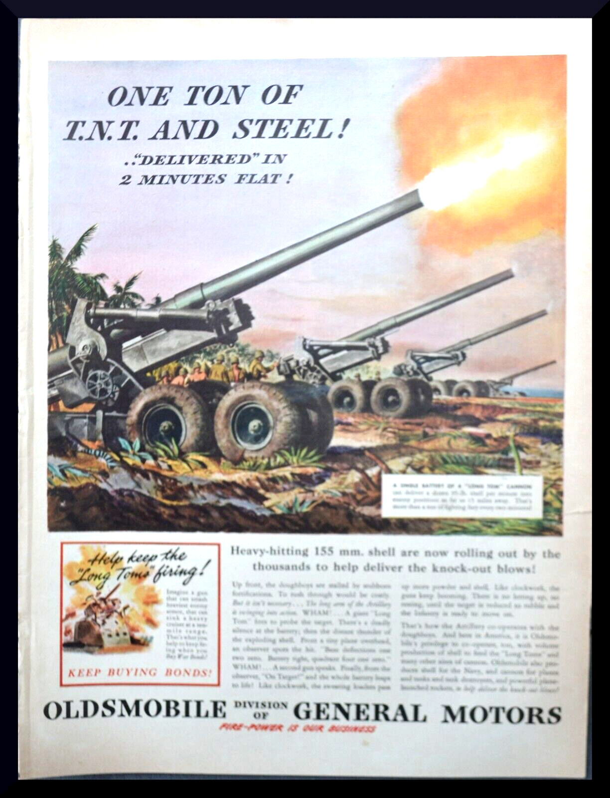 1945 Oldsmobile by General Motors Ad WW II Heaving-Hitting Long Tom Cannons
