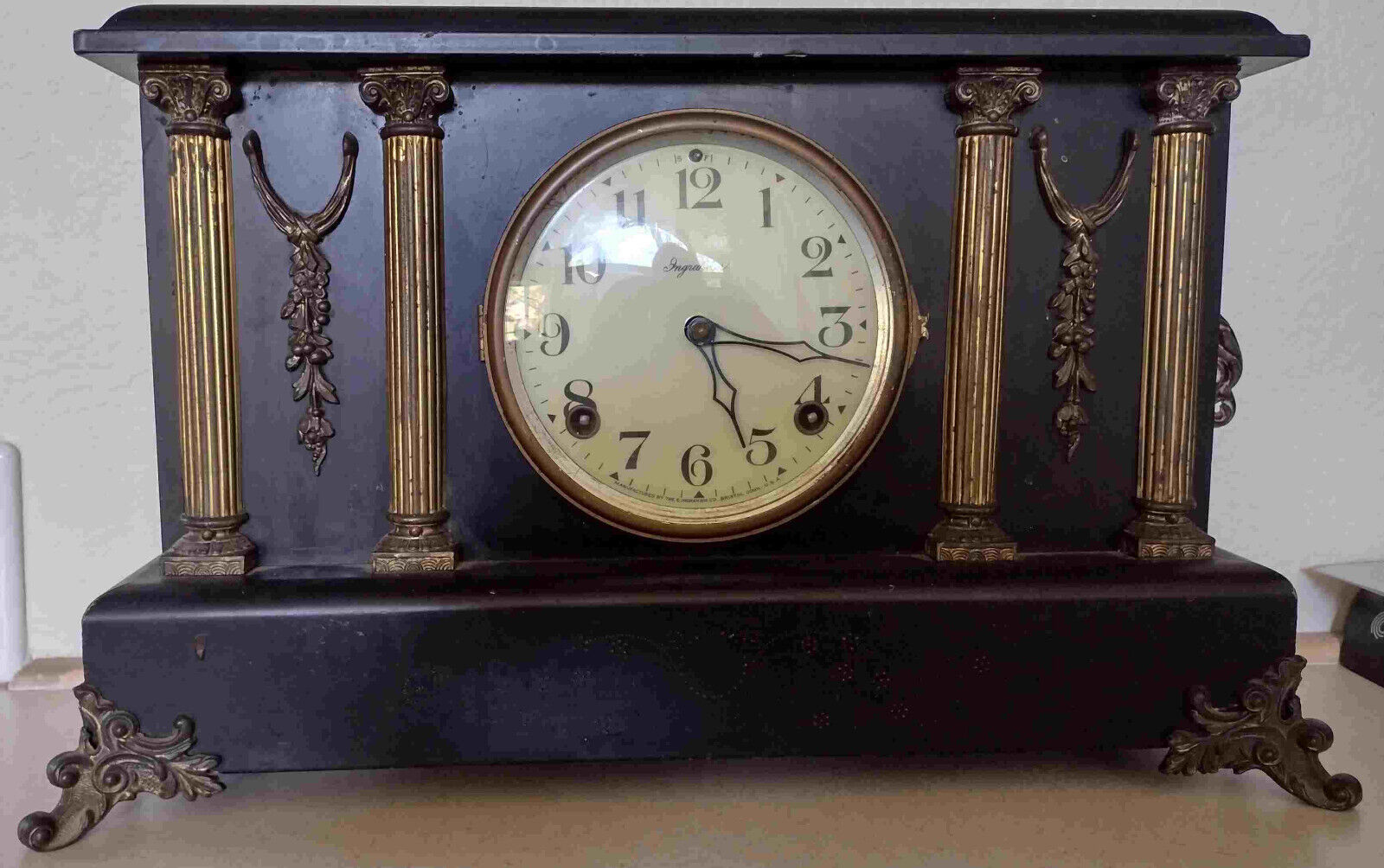 E. Ingraham Mantle Clock Premo No. 1 Antique Black Gold Columns Parts or Repair