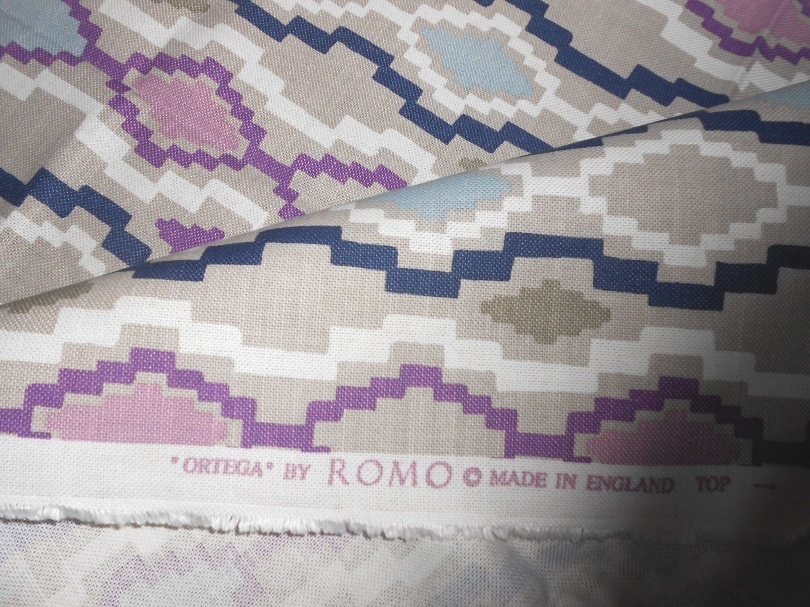 ROMO printed geometric cotton linen ORTEGA blue tan lavender white new 4Y(2Y+2Y)