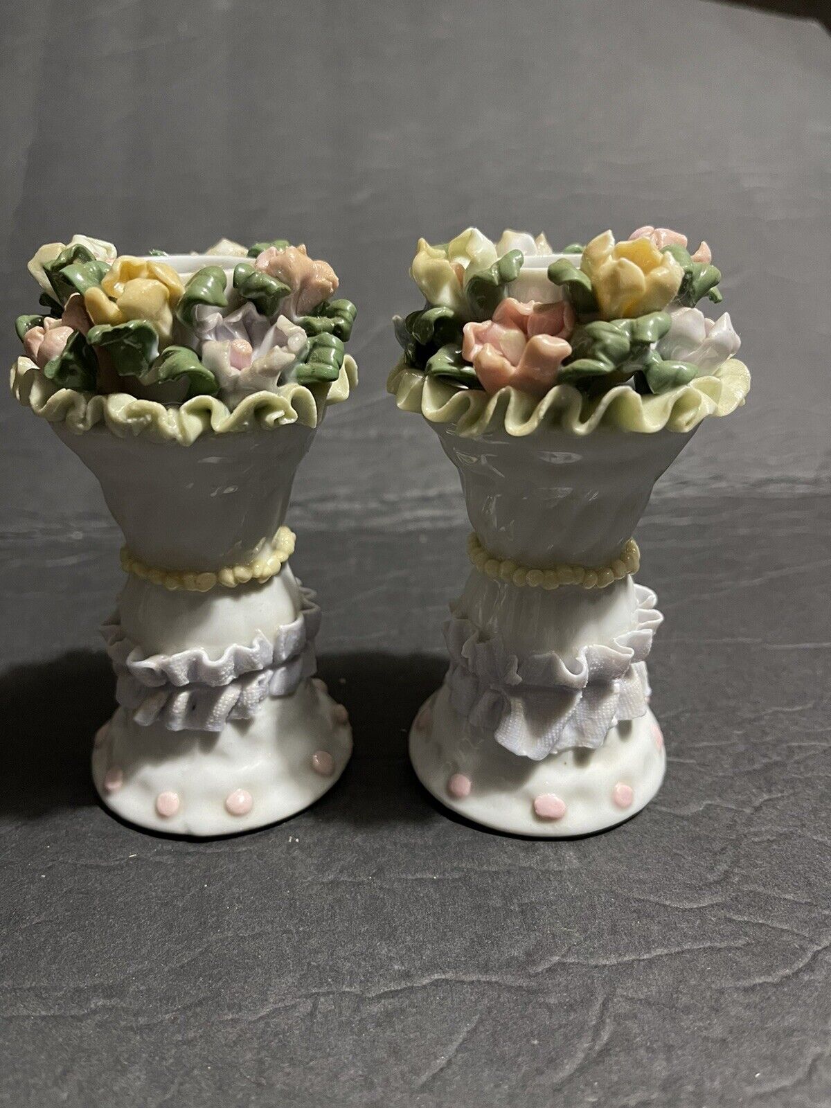 Candle Holders Floral Ribbon Details  Vintage Pair Unique