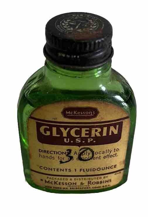 Vintage 1 oz Mckesson GLYCERINE MEDICINE Green Glass BOTTLE  Made in US~3/4 Full
