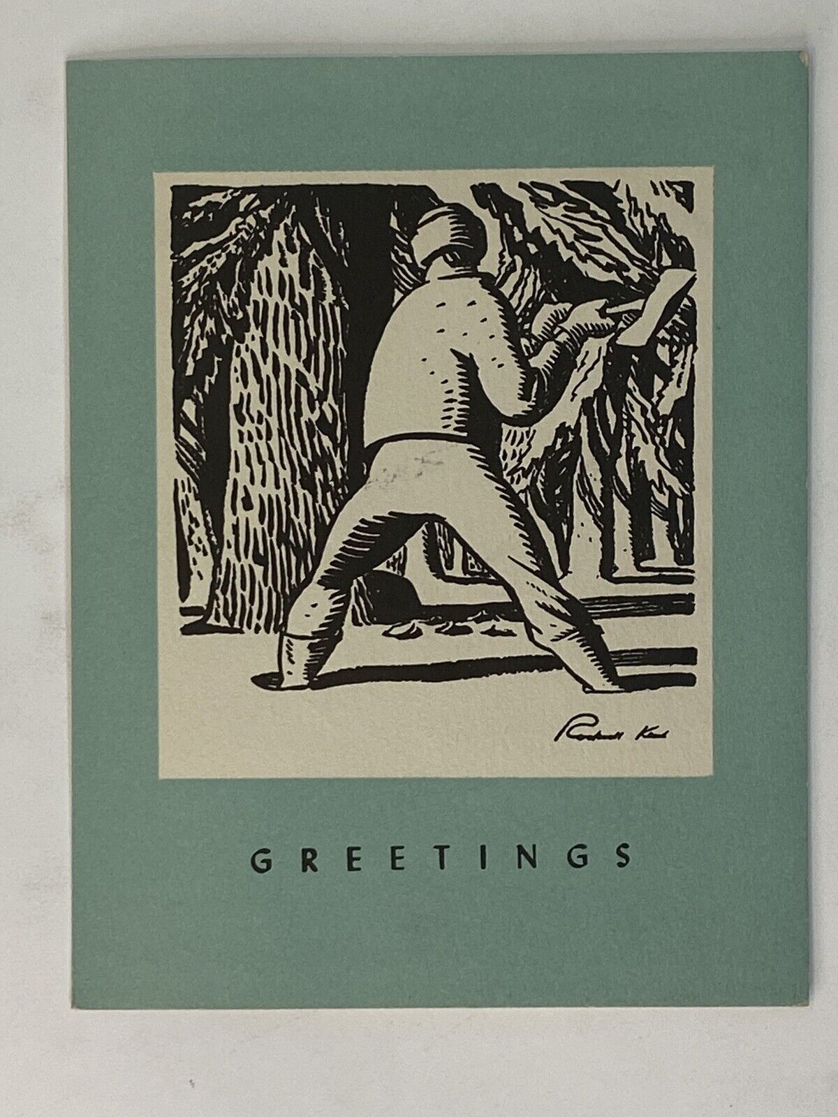 VTG Rockwell Kent Xmas Greeting Card Cutting a Tree AAG 10332 rare used