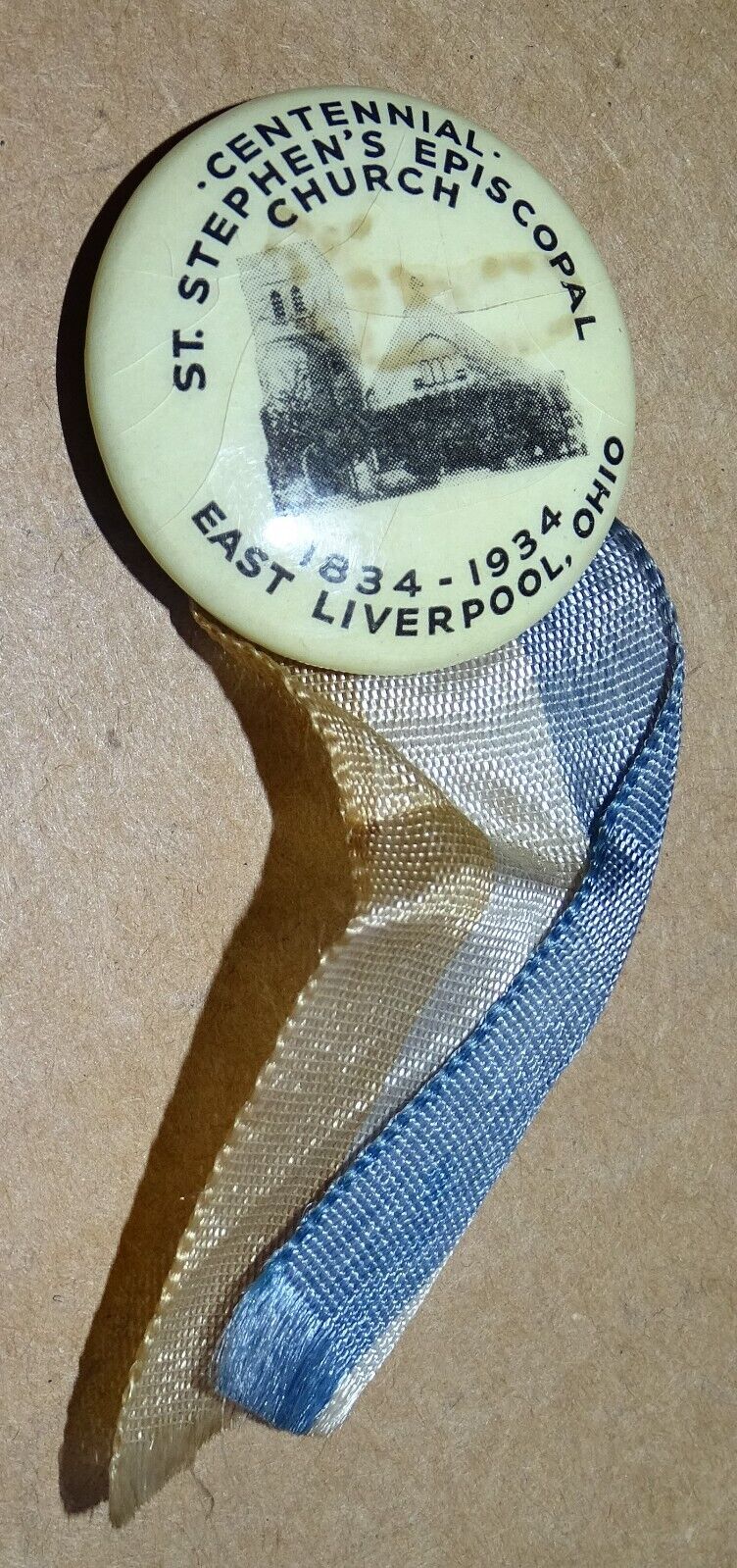 St Stephen\'s Episcopal Church East Liverpool Ohio 1834-1934 Button with Ribbon