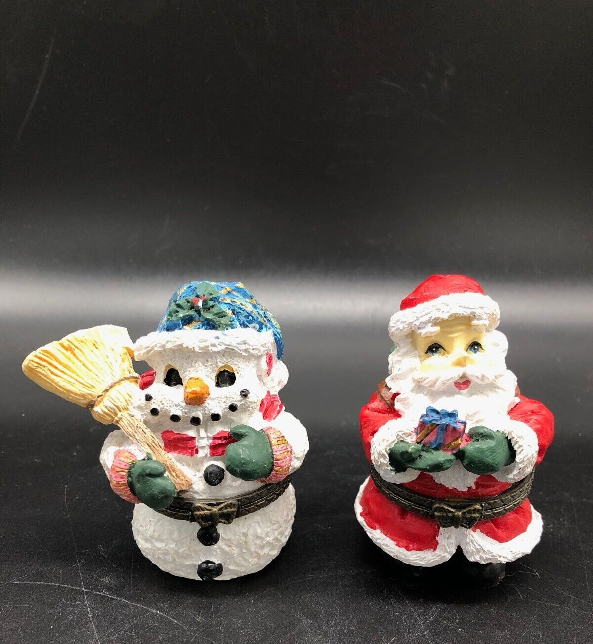 Set of 2 Vintage Christmas Trinket Boxes, Santa W/ a Present & Snowman W/ Broom