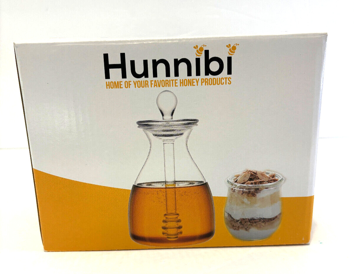 NIB Hunnibi Glass Honey Pot Jar with Dipper Stick and Lid Cover