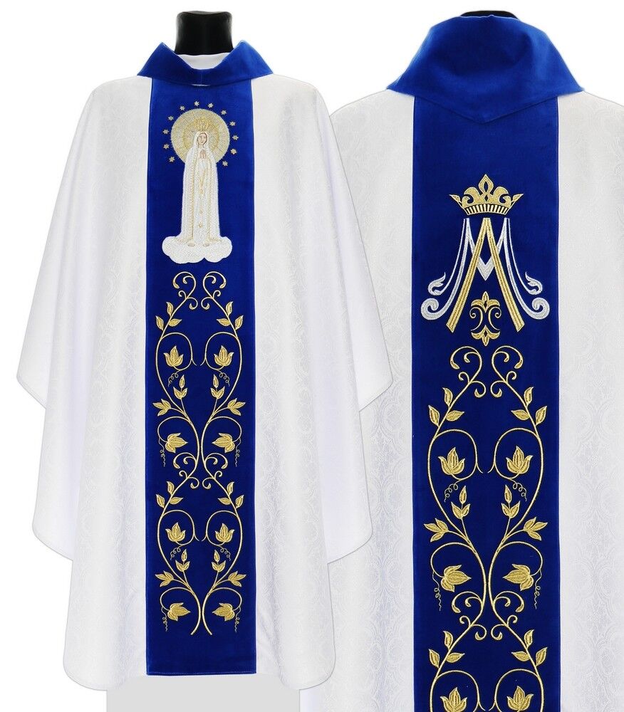 Marian White/blue Gothic Chasuble with stole \