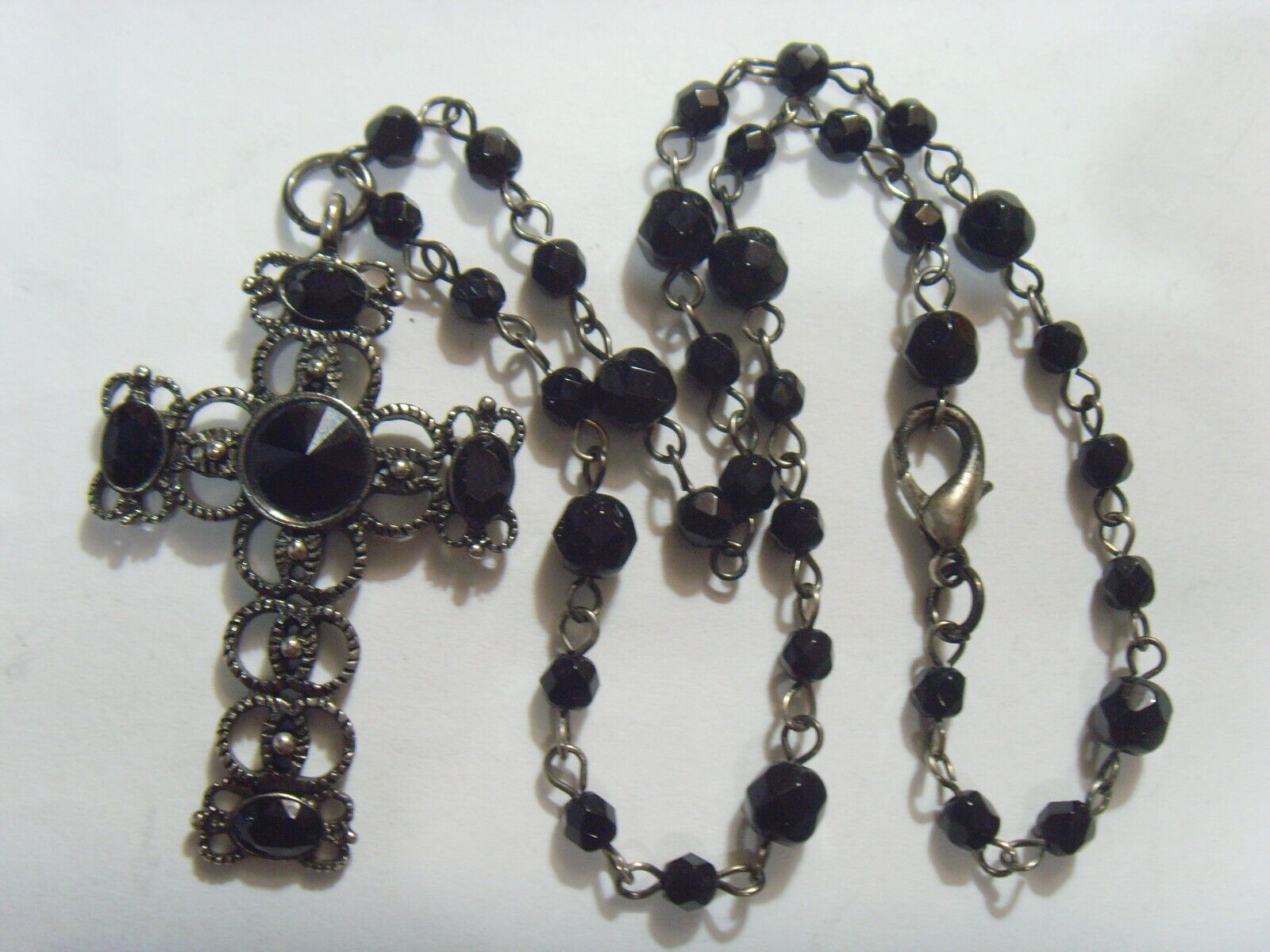 vintg Black bejeweled Christian cross cut crystal beads religious necklace 52872