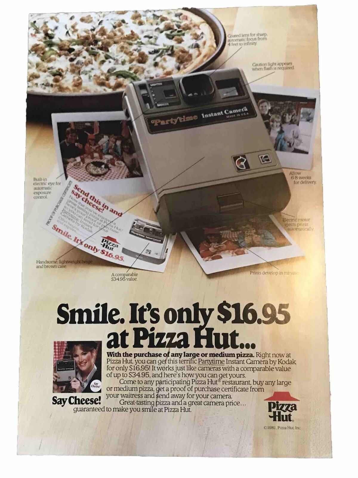 Vintage 1981 Pizza Hut Poster 30”x20” Pan Advertisement Partytime Kodak Camera