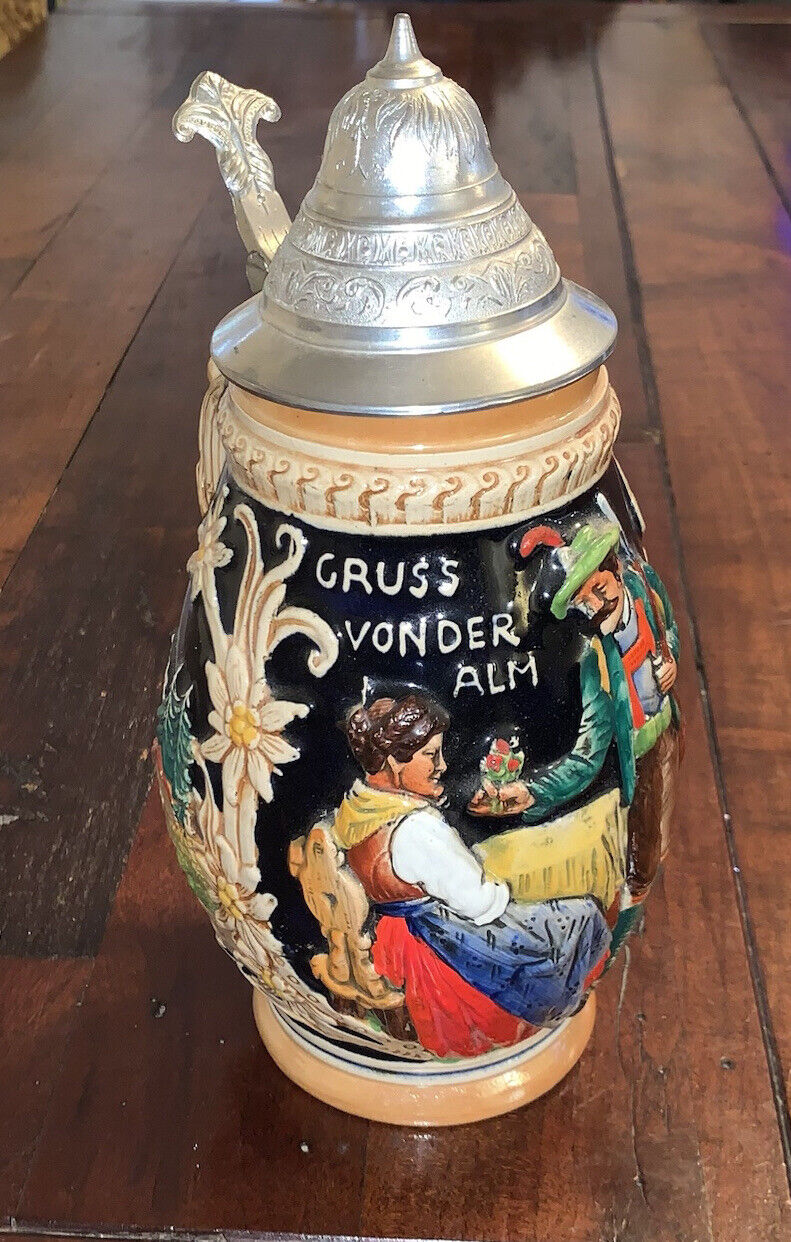 Vintage Gruss Vonder Alm Western Germany Lidded Ceramic Beer Stein 9”
