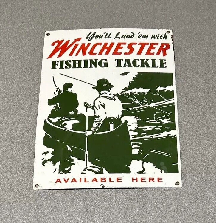 VINTAGE RARE 14” WINCHESTER FISHING TACKLE PORCELAIN SIGN CAR GAS OIL TRUCK AUTO