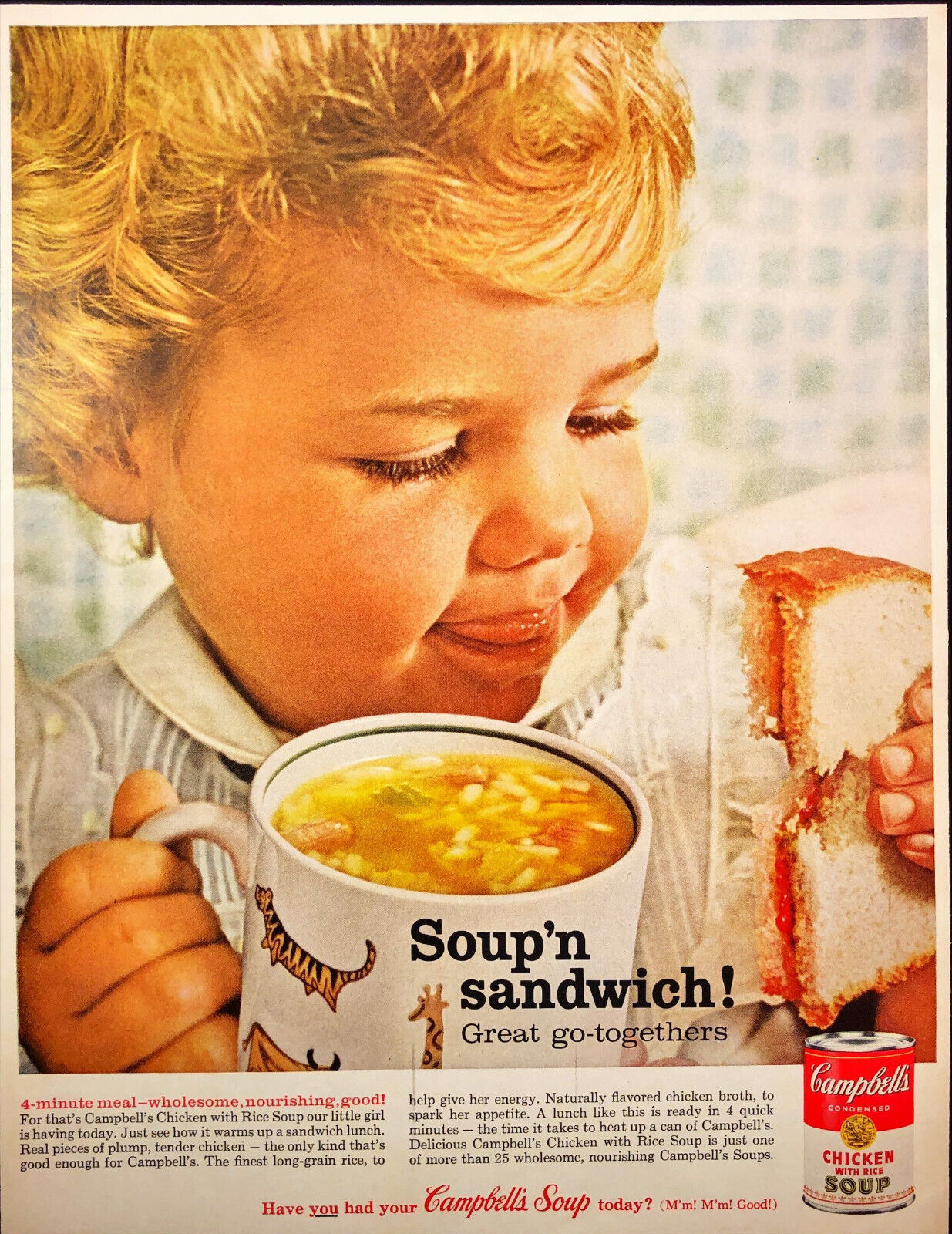 1962 Campbell's Chicken with Rice Soup Print Ad Toddler PB&J Sandwitch and Soup