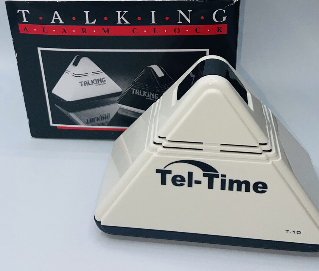 Tel-Time Talking Alarm Clock T-10 White Triangle Shaped- Vintage 1980\'s Working