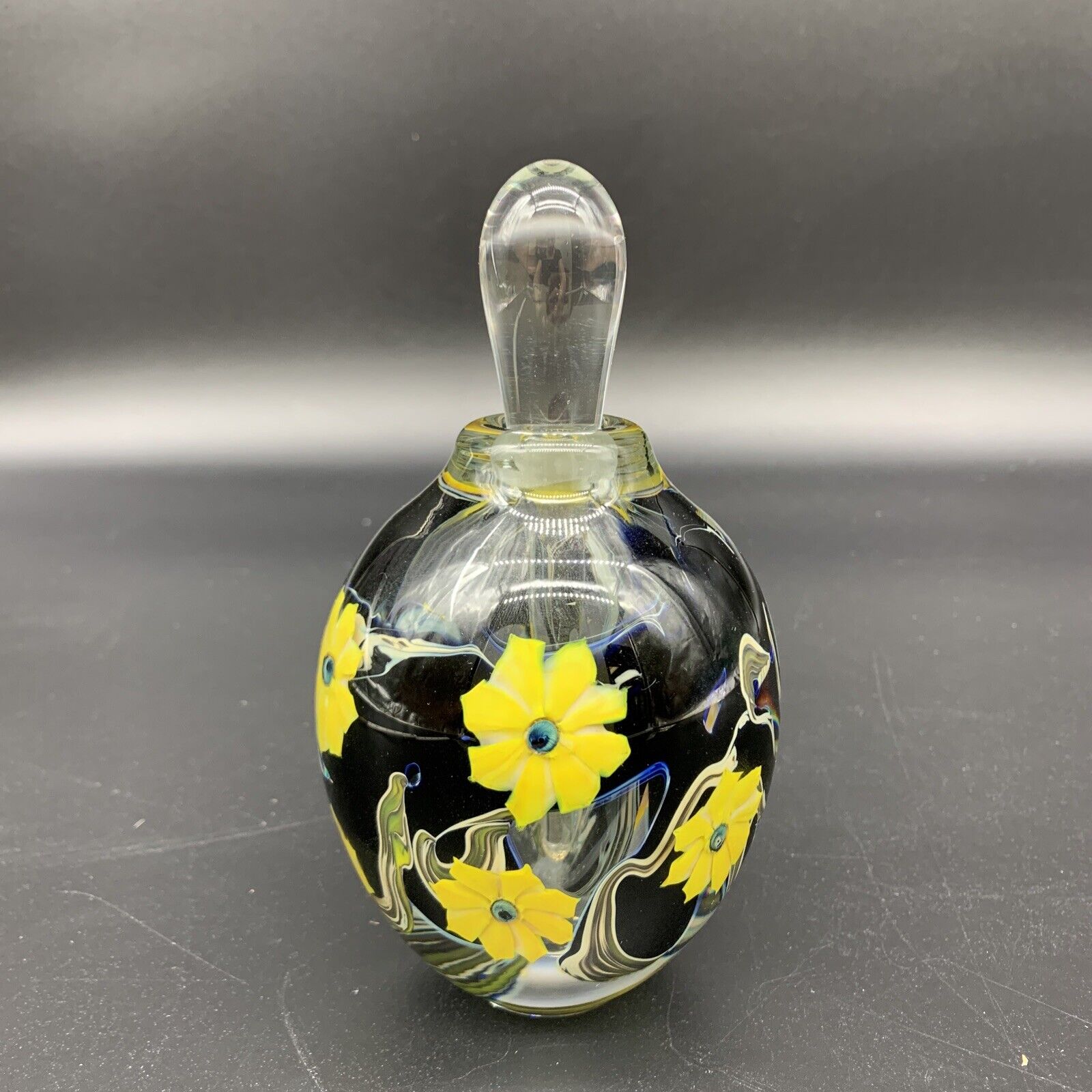 VTG Lotton Art Glass Perfume Bottle Signed Jeremiah Lotton 2009 Yellow Flowers 